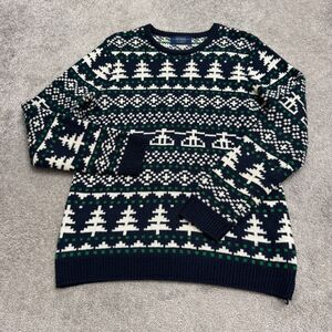 Pull & Bear Fair Isle Christmas Tree Knit Crewneck Sweater Mens Small Navy Blue